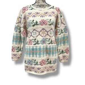 Vintage Silk Angora HandKnitted Floral Embroidered Sweater Size M Cottagecore